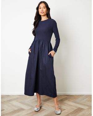 Threadbare Rib Jersey 2-In-1 Midi Dress With Poplin Skirt - Blue