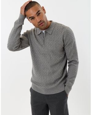 Threadbare Textured Long Sleeve Quarter Zip Polo - Grey