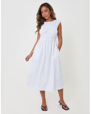 Threadbare Shirred Denim Drawstring Waist Midaxi Dress - White