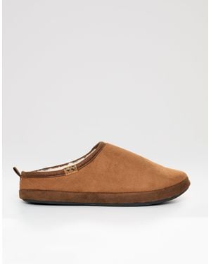 Threadbare Faux Suede Faux Fur Lined Mule Slippers - Brown