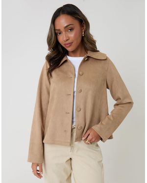 Threadbare Faux Suede Peter Pan Collar Cropped Jacket - Natural