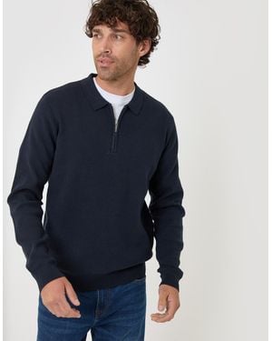 Threadbare Cotton Rich Quarter Zip Long Sleeve Polo - Blue