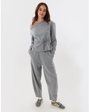 Threadbare Ribbed Slash Neck Top & Wide Leg Trousers Co-Ord - Grey