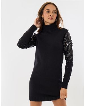 Threadbare Funnel Neck Jumper Dress With Sequin Sleeves - Black