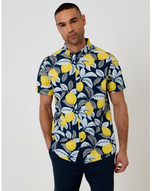 Threadbare Lemon Print Cotton Poplin Short Sleeve Shirt - Blue