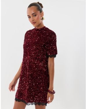 Threadbare High Neck Sequin Mini Dress - Red