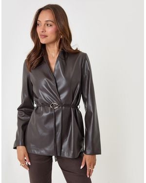 Threadbare Faux Leather Belted Blazer - Brown