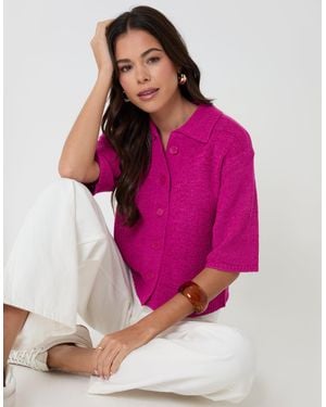 Threadbare Knitted Yarn Button Up Polo Shirt - Pink