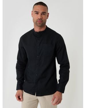 Threadbare Grandad Collar Linen Blend Long Sleeve Shirt - Blue