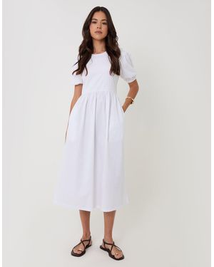 Threadbare Puff Sleeve Jersey Poplin Mix Maxi Dress - White