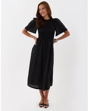 Threadbare Puff Sleeved Shirred Dress - Black