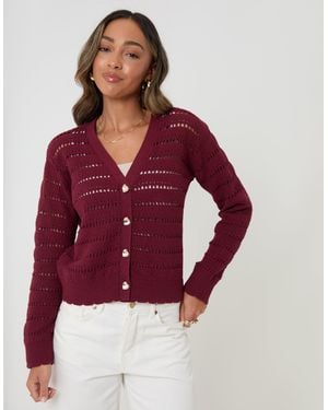 Threadbare Pointelle Knit V-Neck Cardigan - Red