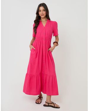 Threadbare Tiered Linen Blend V Neck Maxi Dress - Pink