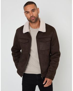 Threadbare Faux Suede Borg Lined Aviator Jacket - Grey