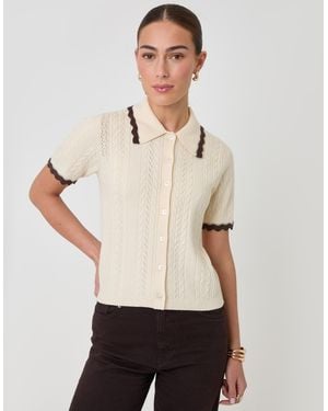 Threadbare Cable Knit Scallop Trim Polo - Natural
