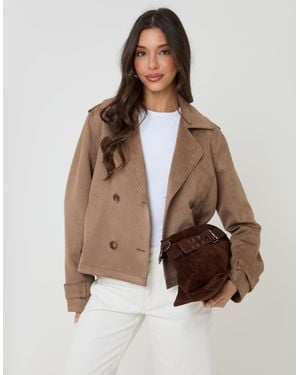 Threadbare Suedette Cropped Trench Coat - Brown
