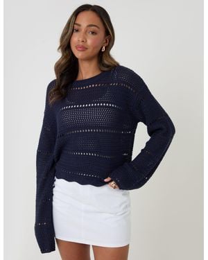 Threadbare Pointelle Knit Crew Neck Jumper - Blue