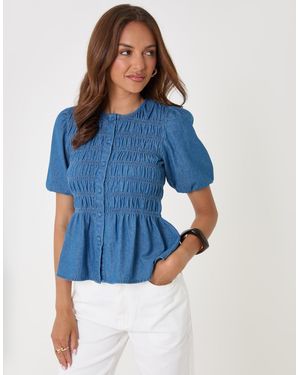 Threadbare Denim Short Sleeve Smock Blouse - Blue