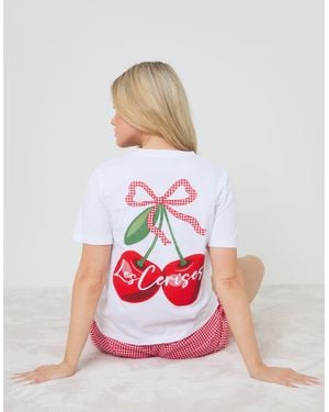 Threadbare Embroidered Cherry Seersucker Short Pyjama Set - White