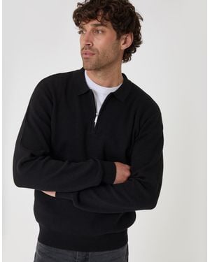 Threadbare Cotton Rich Quarter Zip Long Sleeve Polo - Black
