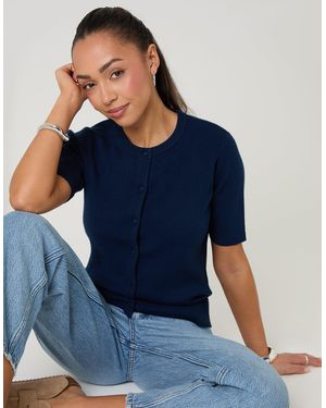 Threadbare Jacquard Knit Short Sleeve Cardigan - Blue