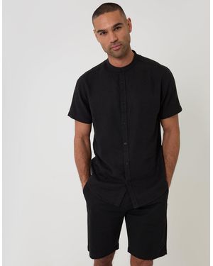 Threadbare Grandad Collar Linen Blend Short Sleeve Shirt - Black