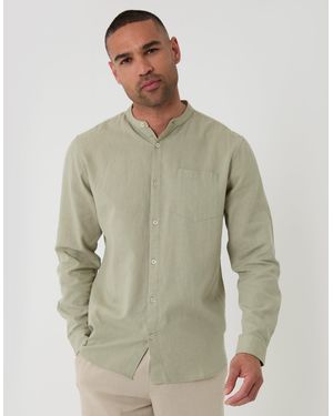 Threadbare Grandad Collar Linen Blend Long Sleeve Shirt - Natural
