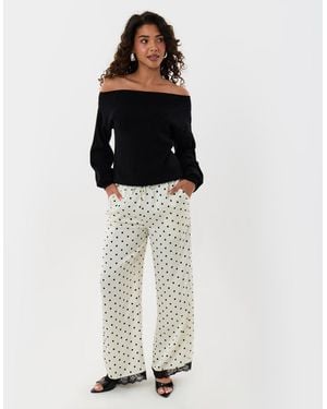 Threadbare Wide Leg Satin Lace Trim Trousers - White
