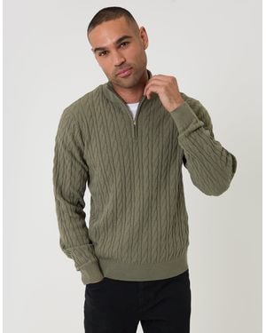 Threadbare Cable Knit Quarter Zip Jumper - Green