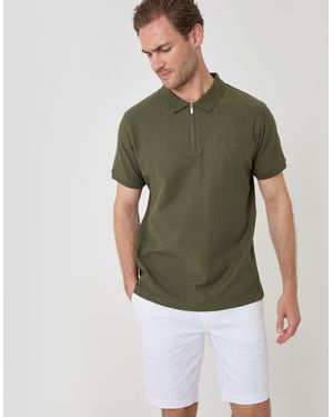Threadbare Textured Cotton Zip Up Polo Shirt - Green
