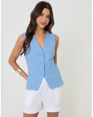 Threadbare Linen Blend V-Neck Waistcoat - Blue