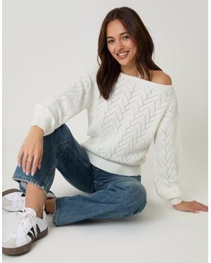 Threadbare Pointelle Knit Slash Neck Jumper - Blue