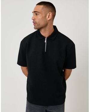 Threadbare Oversized Quarter Zip Polo Shirt - Black