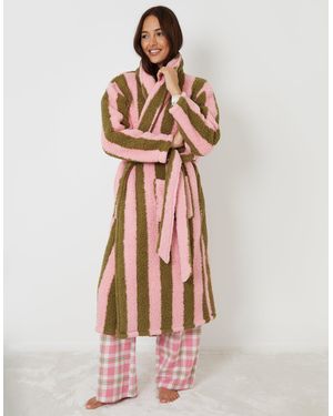Threadbare Stripe Borg Dressing Gown - Pink