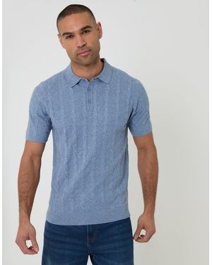 Threadbare Cable Stripe Knitted Button Polo - Blue