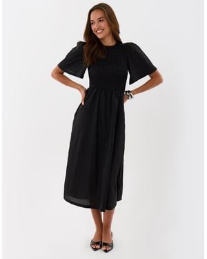 Threadbare Petite Puff Sleeved Shirred Dress - Black