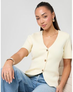 Threadbare V-Neck Compact Knitted Top - Natural