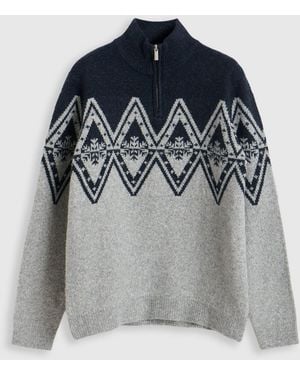 Threadbare Diamond Fairisle Quarter Zip Christmas Jumper - Grey