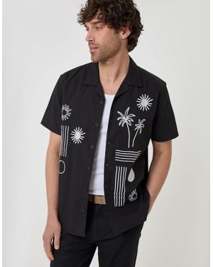 Threadbare Beach Embroidered Cotton Poplin Short Sleeve Shirt - Black
