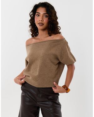 Threadbare Short Sleeve Slash Neck Jumper - Brown