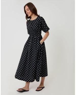 Threadbare Elasticated Waist Cotton Poplin Midi Dress - Black