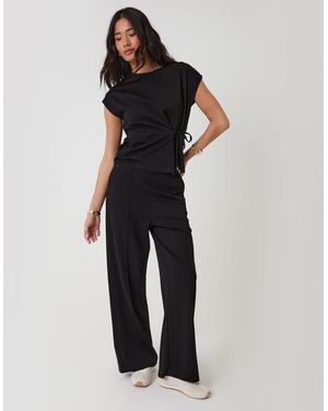 Threadbare Relaxed Fit Tie Top & Wide Leg Trousers Set - Black