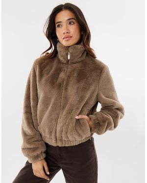 Threadbare Faux Fur Bomber Jacket - Brown