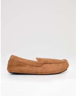 Threadbare Faux Suede Faux Fur Lined Moccasin Slippers - Brown