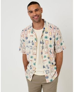 Threadbare Relaxed Fit Tropical Stamp Print Short Sleeve Shirt - Natural