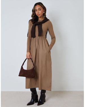 Threadbare Rib Jersey 2-In-1 Midi Dress With Poplin Skirt - Brown