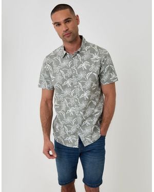 Threadbare Tropical Print Cotton Poplin Short Sleeve Shirt - Grey