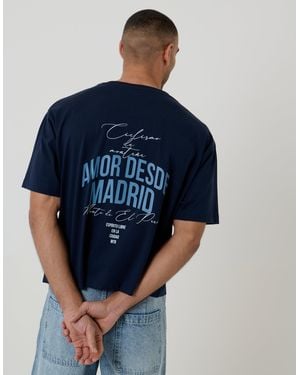 Threadbare Boxy Fit Madrid Print Cotton T-Shirt - Blue