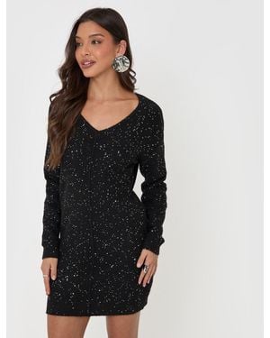 Threadbare V Neck Sequin Knit Dress - Black