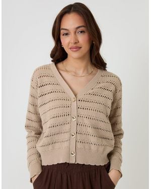 Threadbare Crochet Style V-Neck Cardigan - Natural